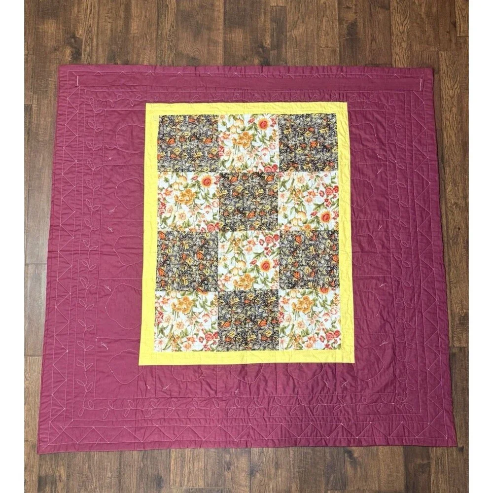 French Roses Quilt Blanket Handcrafted 59x59 Wall Hang Sleeve Raw Edge Applique